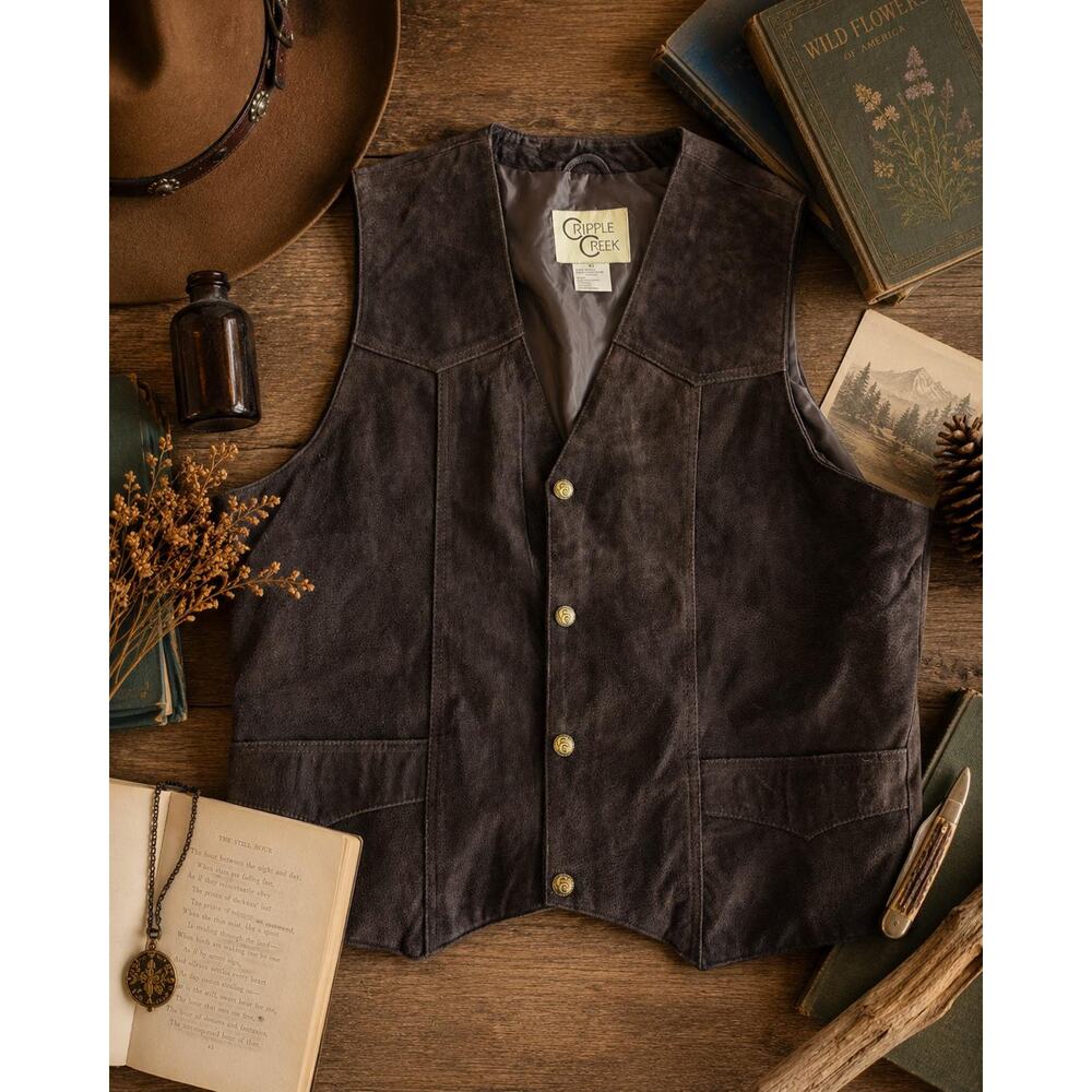 Cripple Creek Boar Suede Western Vest: Dark Brown Snap Front Cowboy Ranchwear